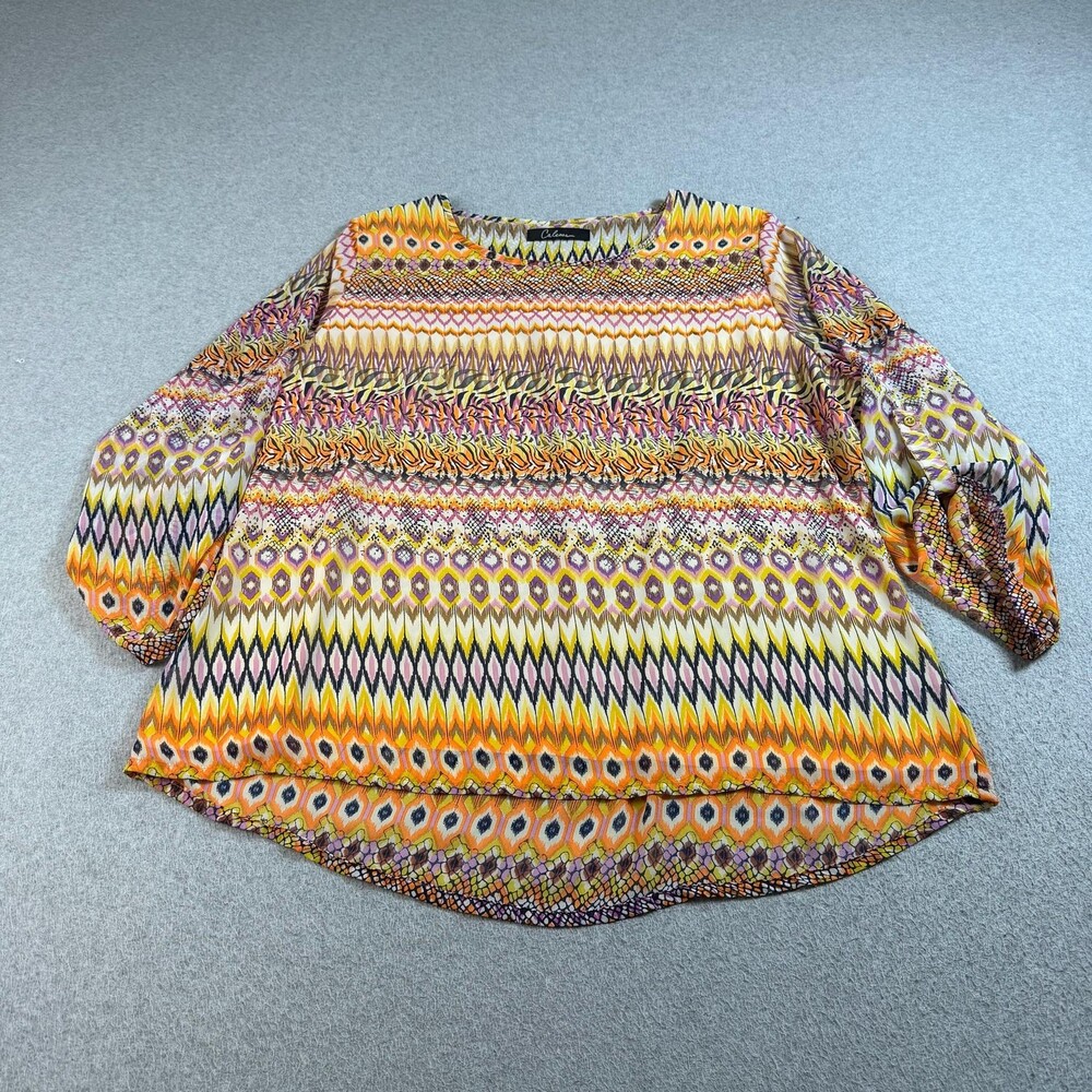 Calessa Shirt Womens 2X Orange Animal Print Tunic Lined Boho 3/4 Sleeve Boho